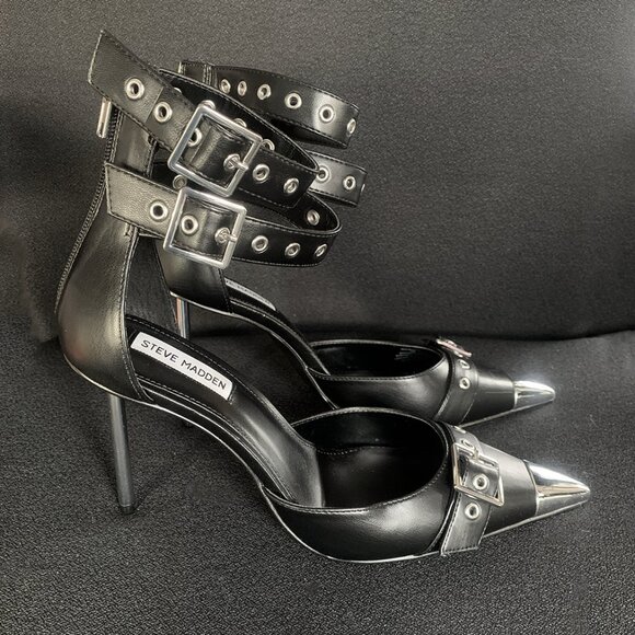 Steve Madden "Bex" Black Buckle Strap Pointed Cap Toe Stiletto Heels Size: 10M - Picture 2 of 10